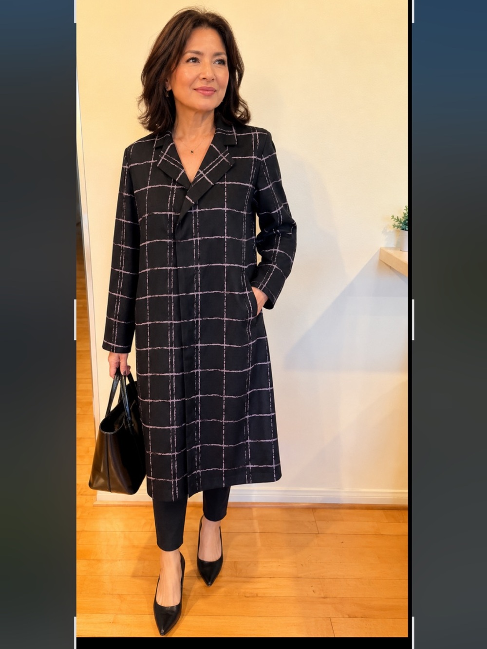 TanJay Black Coat with Pale Pink Grid Lines size large